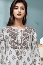 Chikankari Kurti with Embroidery Detail on Printed Cotton - NoorKasni Collections